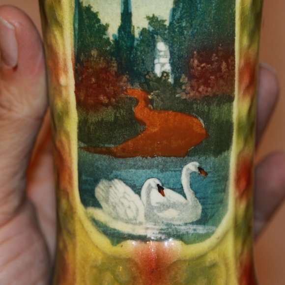 Vintage Ceramic  PITCHER Scenic Swans Creamer Vase Long 7 inch - Picture 3 of 4